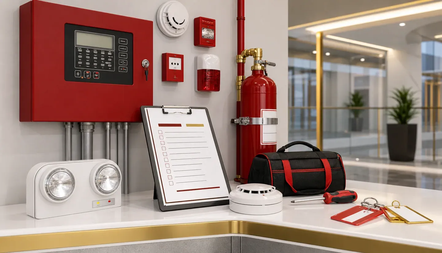Fire safety maintenance equipment and inspection checklist prepared for building support.