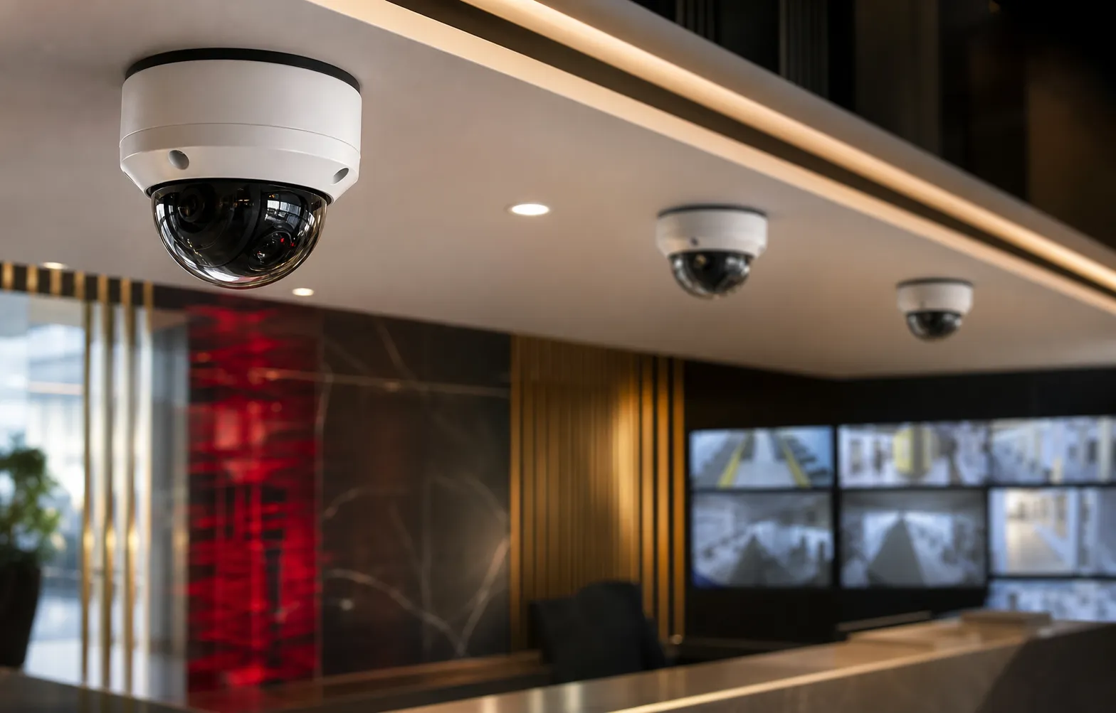 Professional CCTV dome cameras installed above a modern surveillance desk.