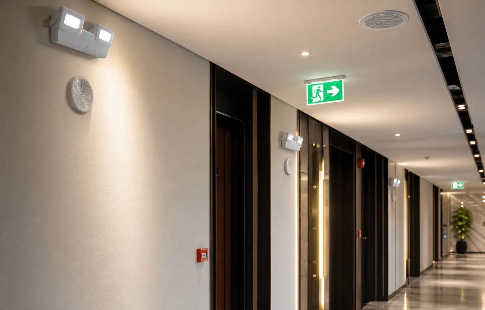 Emergency lighting, exit route sign, and voice evacuation speakers in a polished commercial corridor.