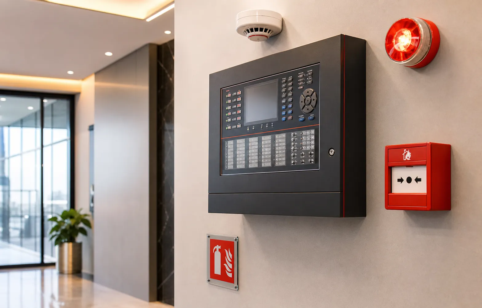 Fire alarm control panel with smoke detector, call point, and safety strobe in a modern building.