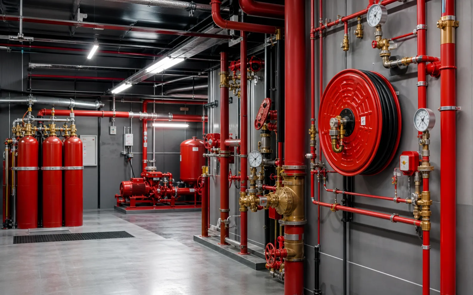 Fire pump room with red sprinkler piping, pressure gauges, hose reel, and clean agent cylinders.