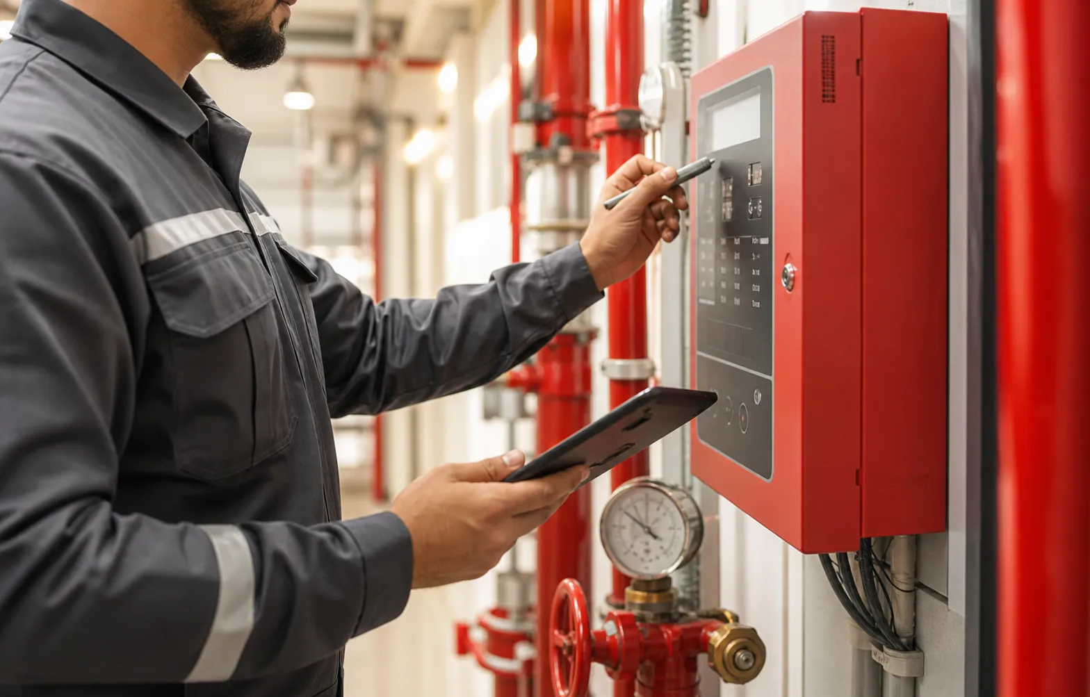 Fire safety technician inspecting a fire system control panel during scheduled maintenance.