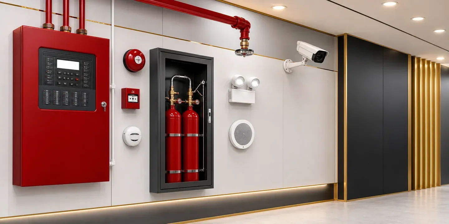 Integrated fire fighting equipment with sprinkler piping, fire alarm controls, extinguisher cabinet, and emergency systems.